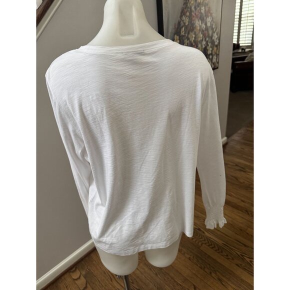 Lisa Todd White Pima Cotton Long Sleeve Tee Scrunch Sleeve Size Large - Picture 2 of 2